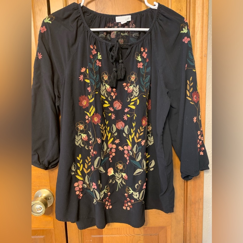 J.Jill Black Floral Embroidered Peasant Top with Tie Neck L